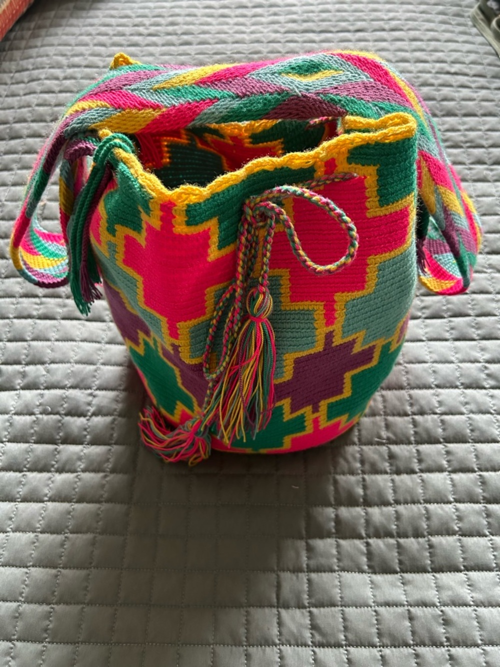 Handwoven Bright Pink & Green Bucket Bag - Boho Drawstring Shoulder Tote